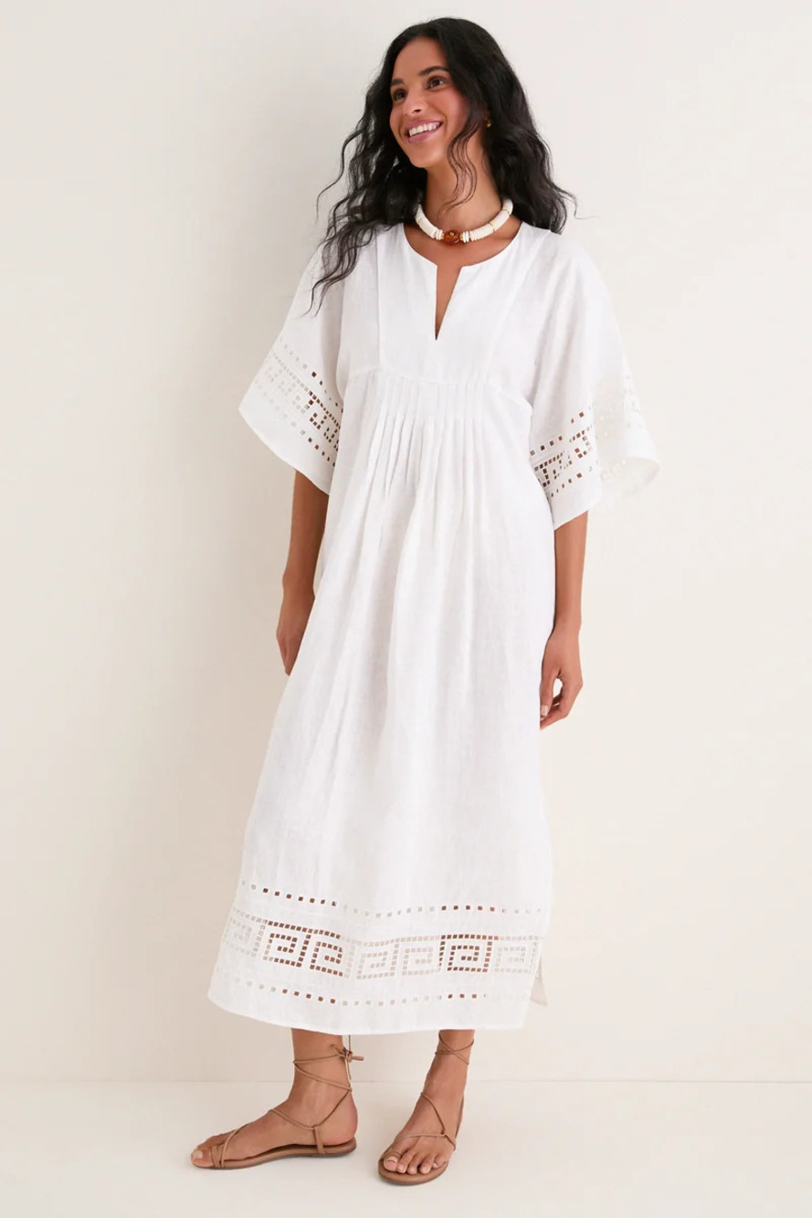Tuckernuck White Greek Key Embroidered Linen Adrianne Dress